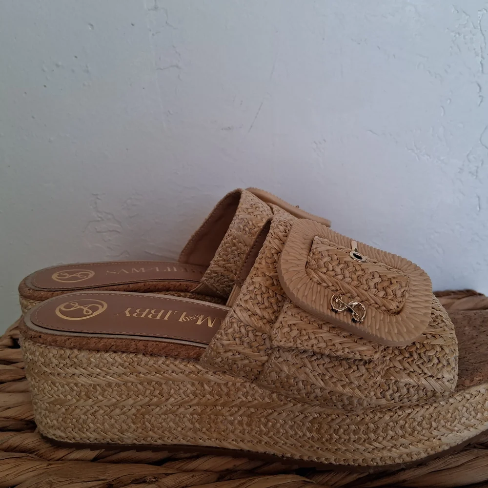 SAM AND LIBBY Sz 9 Wedge Natural Raffia Slide Sandals - Beige - Picture 4 of 7